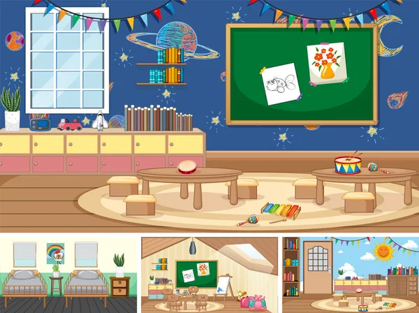 Set Different Kindergarten Classroom Scenes Illustration — Vector de stock