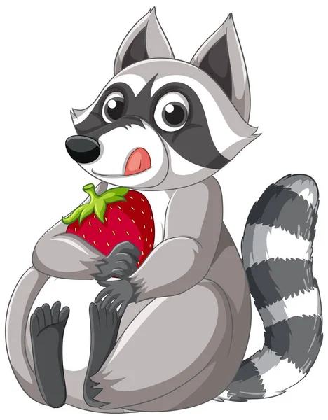 Netter Cartoon Waschbär Sitzt Mit Erdbeere Auf Weißem Hintergrund Illustration — Stockvektor