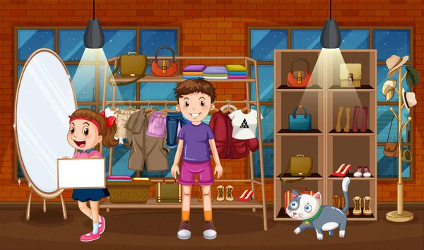 Beaucoup Enfants Dans Boutique Vêtements Illustration — Image vectorielle