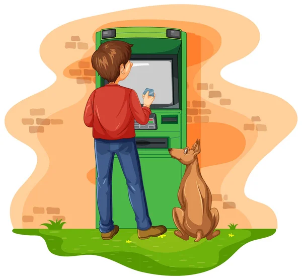 Een Man Geld Opnemen Uit Geldautomaat Illustratie — Stockvector
