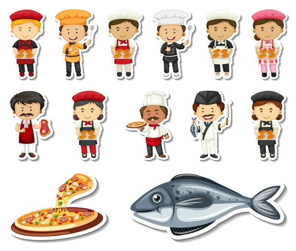 Sticker Set Different Professions Cartoon Characters Illustration — Vetor de Stock