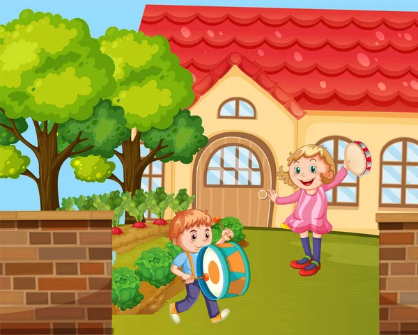 Scena Della Casa Con Molti Bambini Illustrazione — Vettoriale Stock