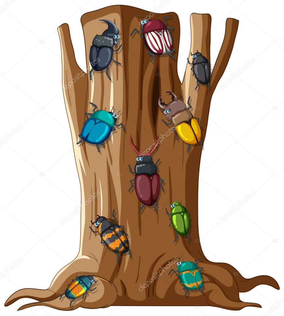 Many beetles climbing on a tree illustration