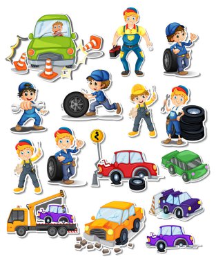 Sticker set of professions characters and objects illustration