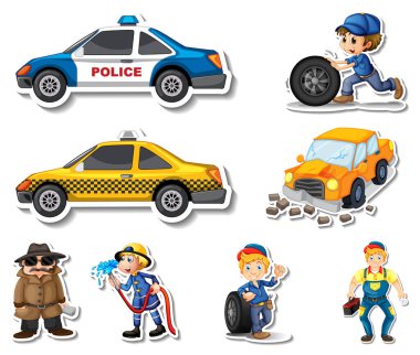 Sticker set of professions characters and objects illustration