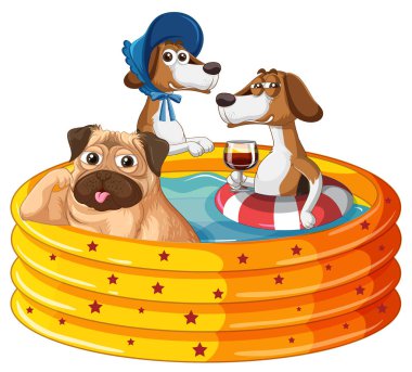 Cartoon dogs in inflatable pool illustration