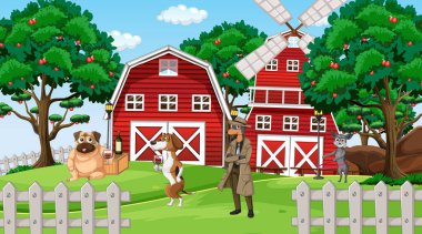 Outdoor farm scene with cartoon dogs illustration