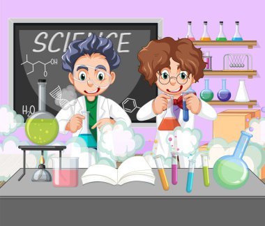 Bir bilim adamı deney laboratuarı çizimde