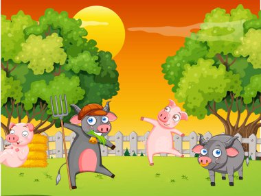 Birçok hayvanın dans ettiği bir çiftlik sahnesi.