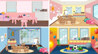 Set of different kindergarten classroom scenes illustration