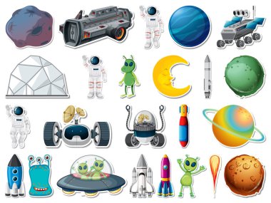 Dış uzay nesneleri ve astronotların çizimlerinin çıkartması