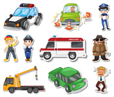 Sticker set of professions characters and objects illustration