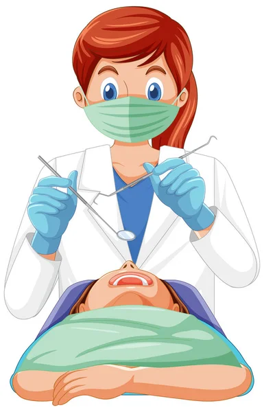 Instrumentos Retención Dentista Que Examinan Ilustración Dientes Del Paciente — Vector de stock