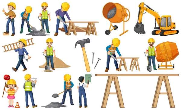 Conjunto Trabajadores Construcción Con Muchas Herramientas Ilustración — Vector de stock