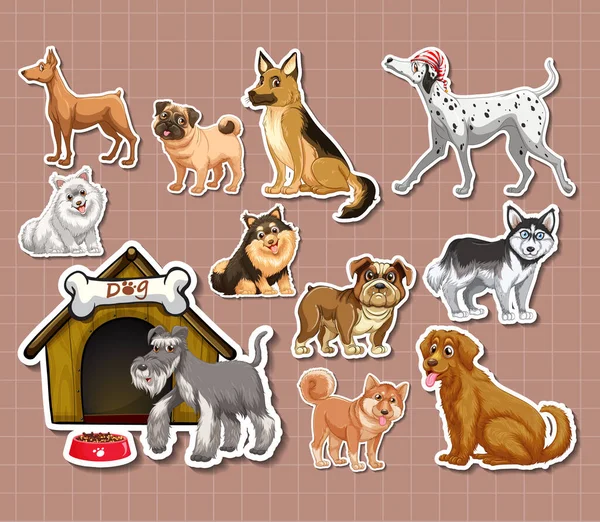 Sticker Set Different Dogs Cartoon Illustration — Image vectorielle