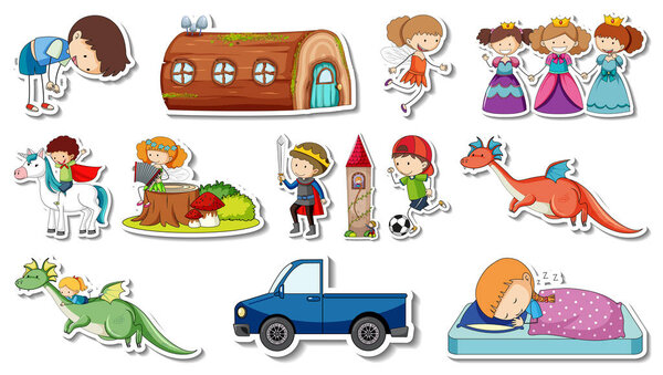 Sticker set of fantasy fairy tale cartoon characters illustration
