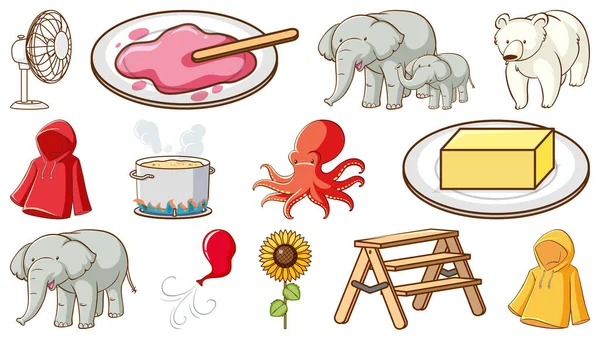 可爱的动物和不同的食物插图 — 图库矢量图片
