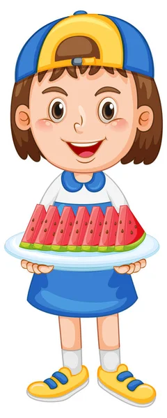 Cartoon Meisje Met Gesneden Watermeloen Plaat Illustratie — Stockvector