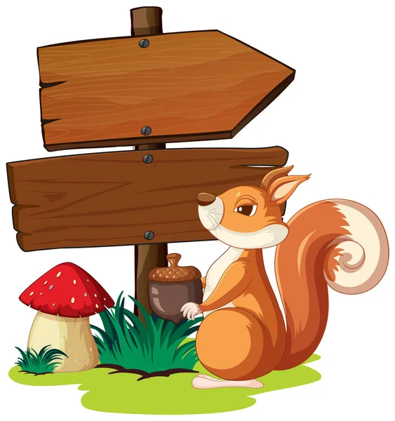 Squirrel Standing Wooden Signs Illustration — Vetor de Stock