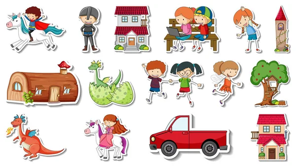 Sticker Set Fantasy Fairy Tale Cartoon Characters Illustration — стоковый вектор