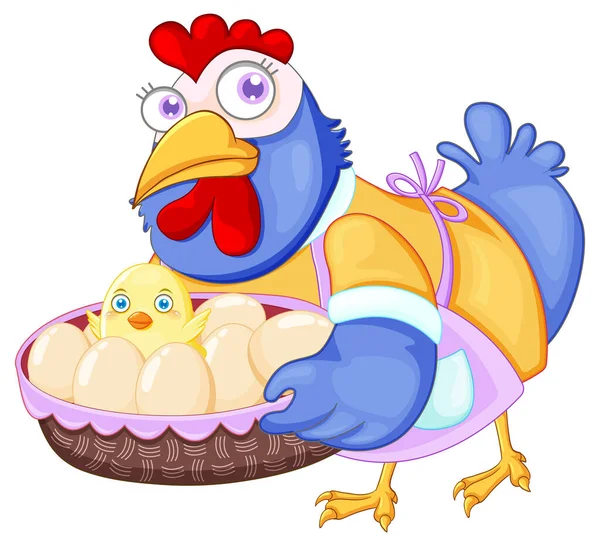 Cute Chicken Cartoon Character Holding Basket Eggs Chick Illustration — ストックベクタ