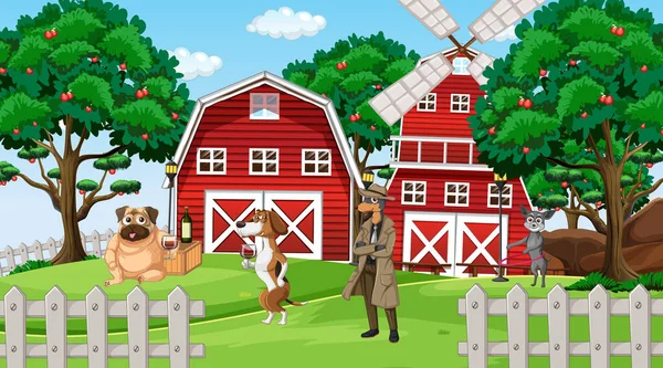 Outdoor Farm Scene Cartoon Dogs Illustration — Vettoriale Stock