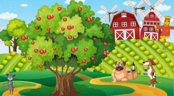 Outdoor Farm Scene Cartoon Dogs Illustration — стоковый вектор