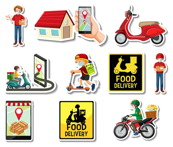 Sticker Set Delivery Objects Cartoon Characters Illustration — Stock Vector