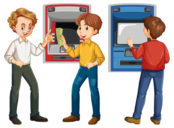 Máquina Atm Com Pessoas Desenho Animado Personagem Ilustração — Vetor de Stock