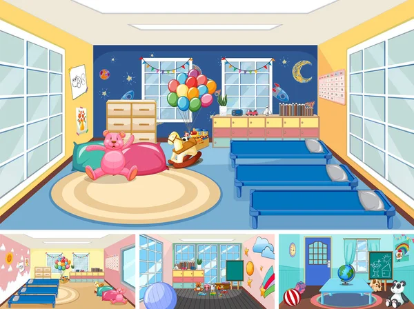 Set Different Kindergarten Classroom Scenes Illustration — Vetor de Stock