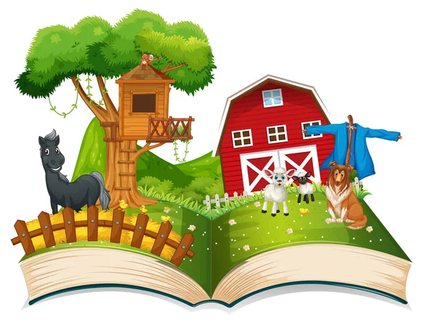 Nyitott Könyv Farm Téma Fehér Háttér Illusztráció — Stock Vector