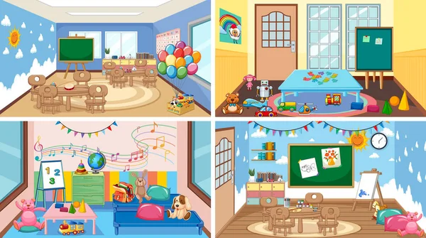 Set Different Kindergarten Classroom Scenes Illustration — Archivo Imágenes Vectoriales