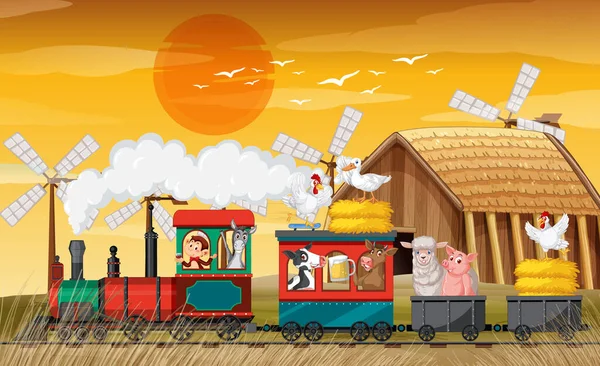 Train Riding Animals Sunset Illustration — 스톡 벡터