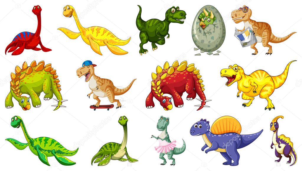Many dinosaurs on white background illustration