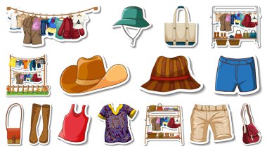 Etiket seti kıyafet ve aksesuar çizimi