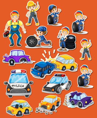 Sticker set of professions characters and objects illustration