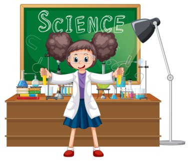 Bilim laboratuarındaki nesnelerin çizimi ile bilim adamı çizgi film karakteri