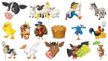 Beyaz arkaplandaki birçok çiftlik hayvanı