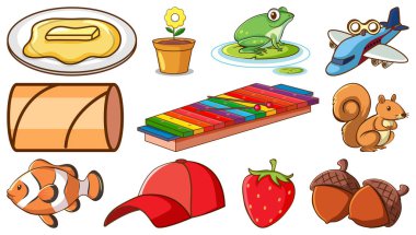 Cute animals and other items on white background illustration
