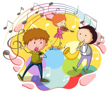 Doodle children with music instrument and melody illustration