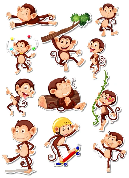 Sticker Set Funny Monkey Cartoon Characters Illustration — стоковый вектор