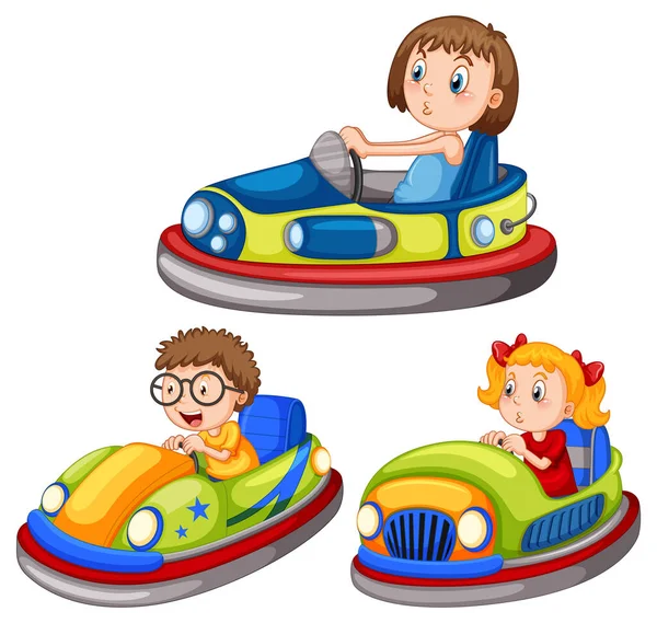 Set Different Kids Driving Bumper Cars Cartoon Style Illustration — Stockvektor