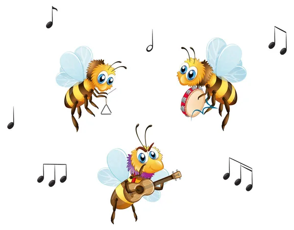 Three Bees Music Band Cartoon Style Illustration —  Vetores de Stock