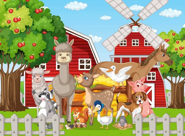 Farm Scene Many Animals Barn Illustration — Vetor de Stock