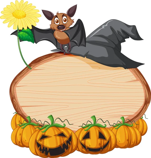 Blank Oval Wooden Signboard Bat Halloween Theme Illustration — Stock Vector