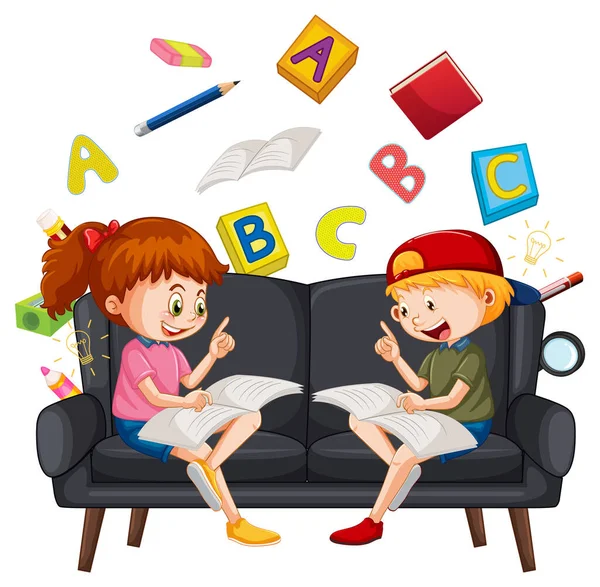 Crianças Lendo Livros Sobre Fundo Branco Ilustração — Vetor de Stock