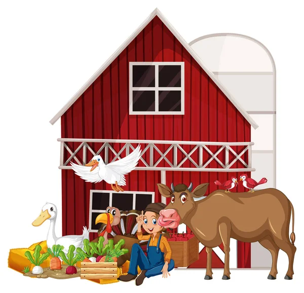 Farming Theme Farmer Animals Illustration — Vetor de Stock