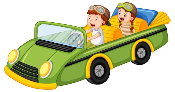 Діти Зеленому Вінтажному Кабріолеті Автомобільна Ілюстрація — стоковий вектор
