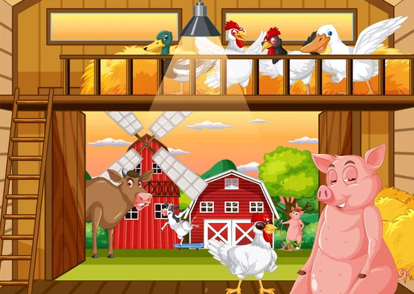 Barn Indoor Scene Farm Animals Illustration — Stok Vektör