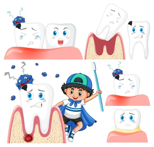 Conjunto Todos Tipos Dentes Com Criança Fundo Branco Ilustração — Vetor de Stock
